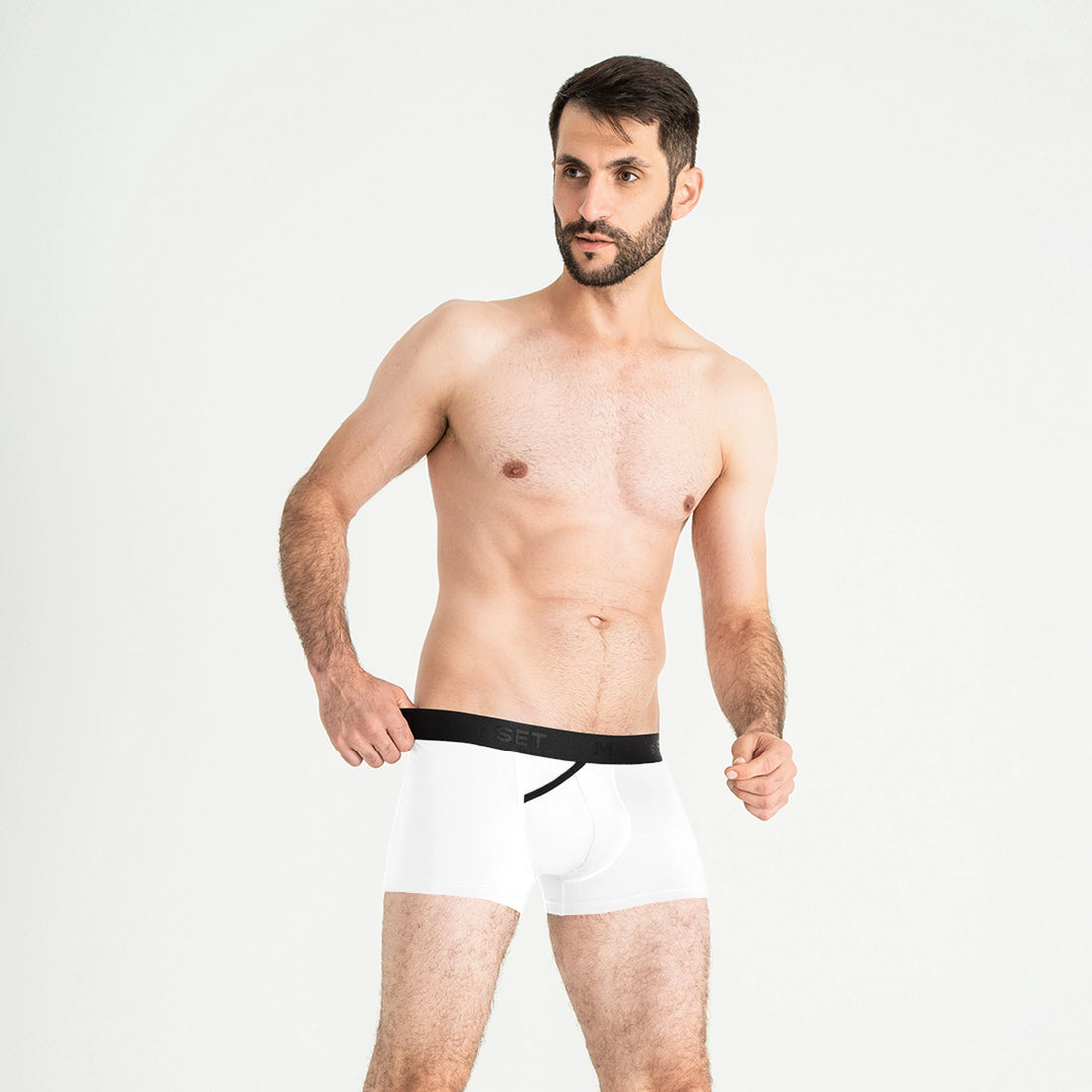 Men's FlexFit Trunks 3-Pack with angled fly in Black/Graphite/White Angled View