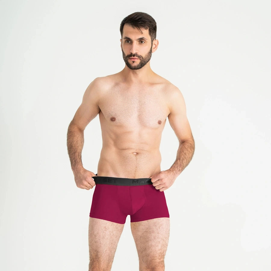 Man’s SET burgundy PowerStretch trunk underwear, breathable men’s boxer briefs, angled view