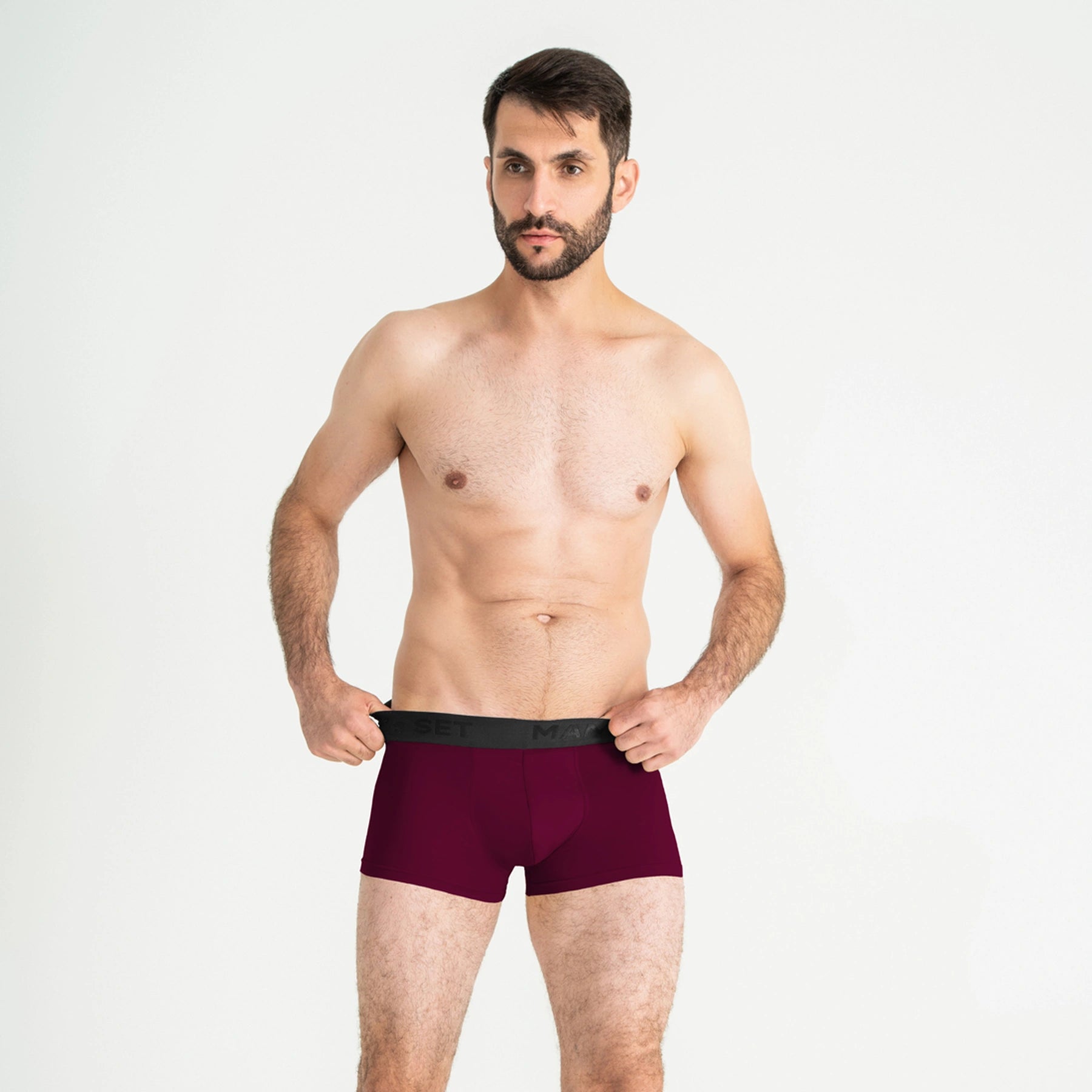 Comfortable men’s underwear by Man’s SET, plum PowerStretch Trunk 3.9", front view