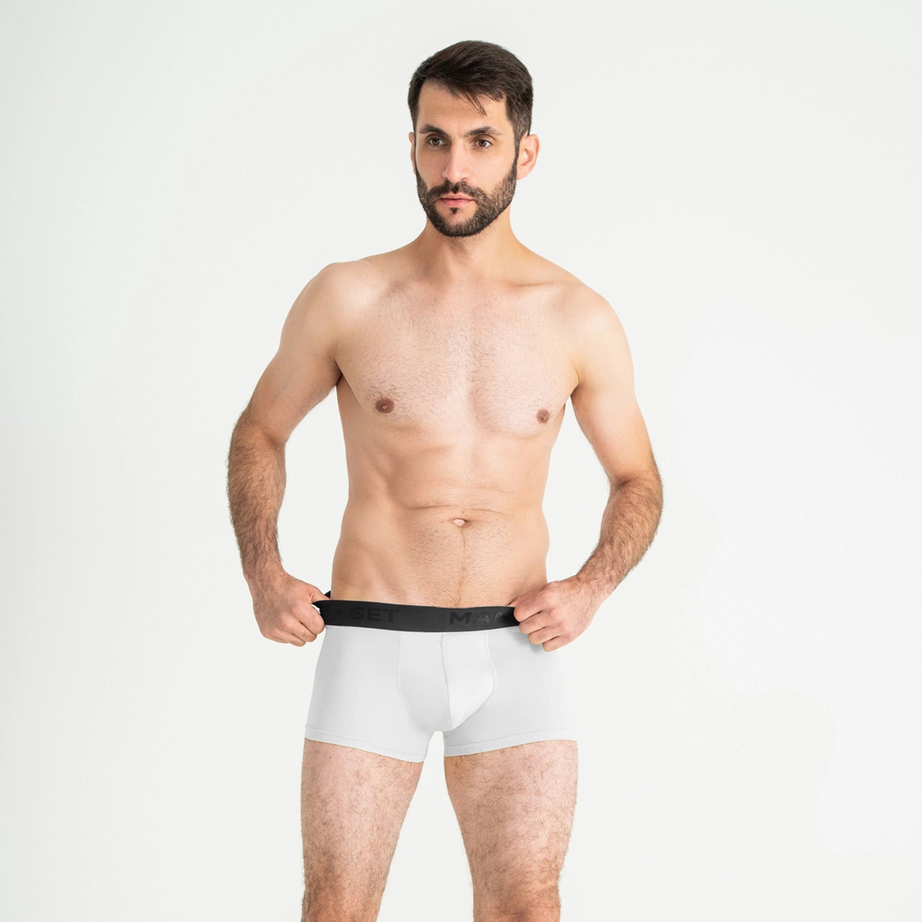 Comfortable men’s underwear by Man’s SET, white PowerStretch Trunk 3.9" with black waistband, front view