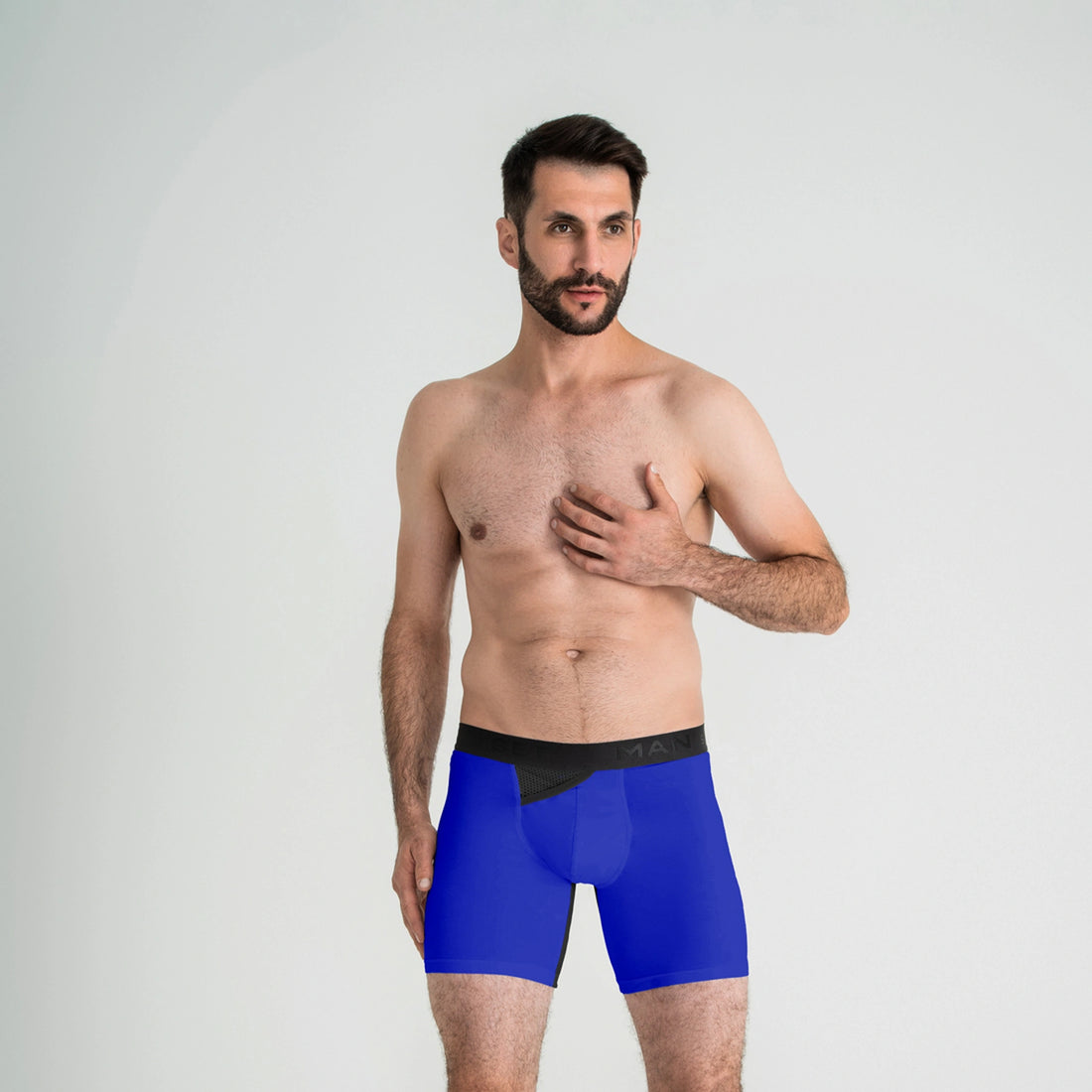 Electric blue men’s boxer briefs by Man’s SET, breathable mesh anatomical underwear, front view
