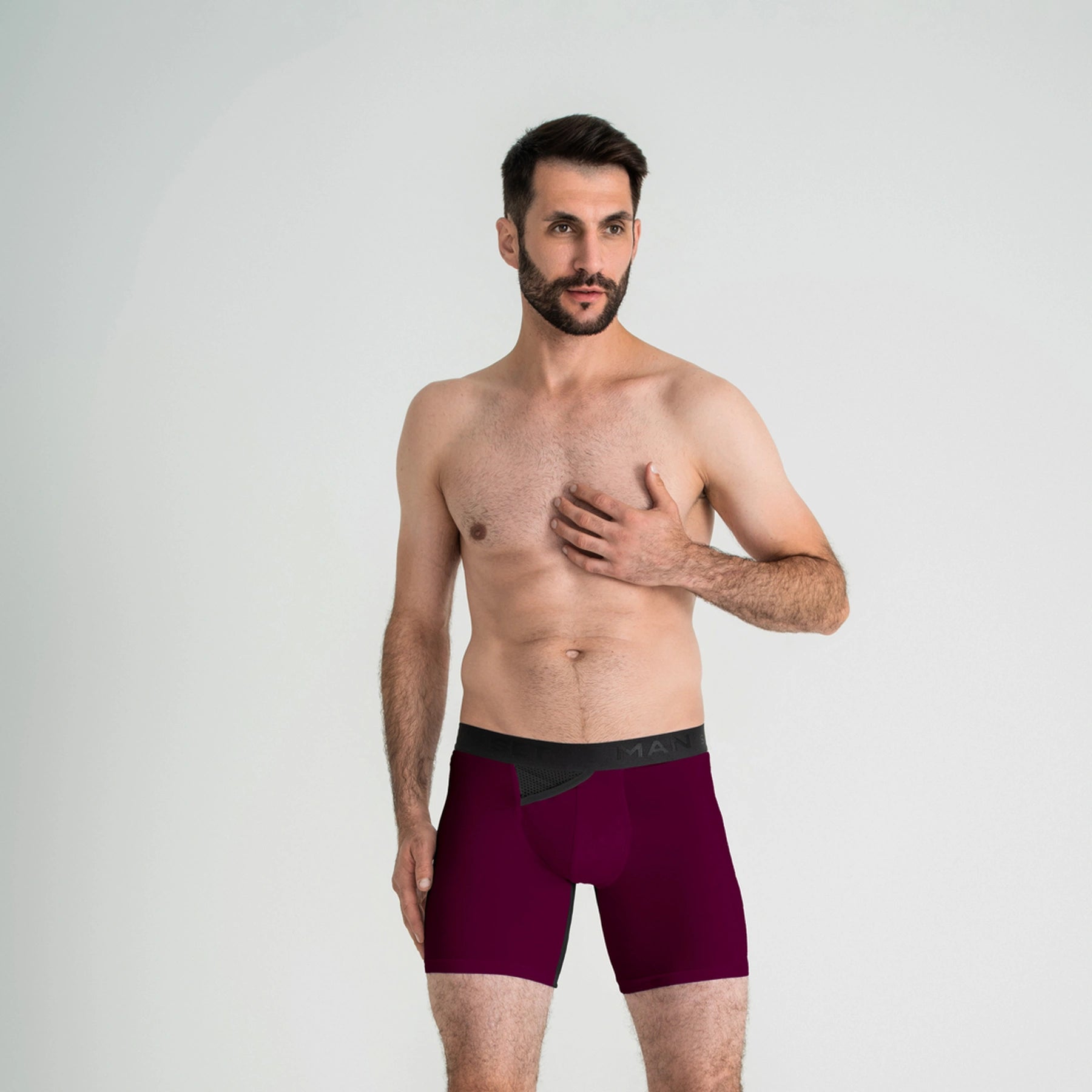 Man’s SET plum AirFlow men’s boxer briefs with mesh fly and long leg design, front view