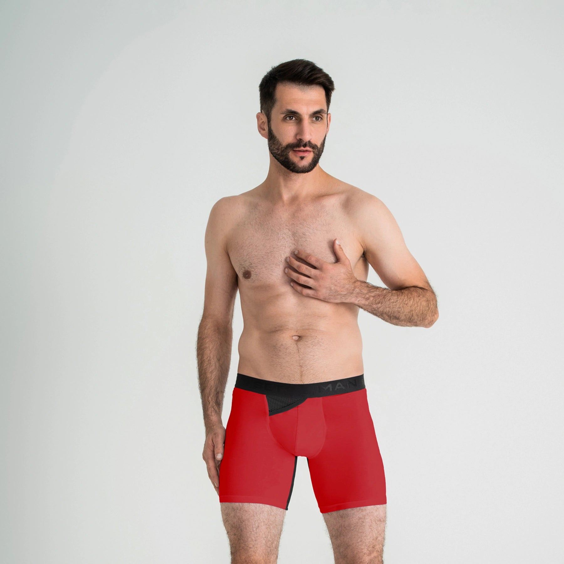 AirFlow red boxer briefs by Man’s SET, breathable men’s underwear with mesh fly, front view