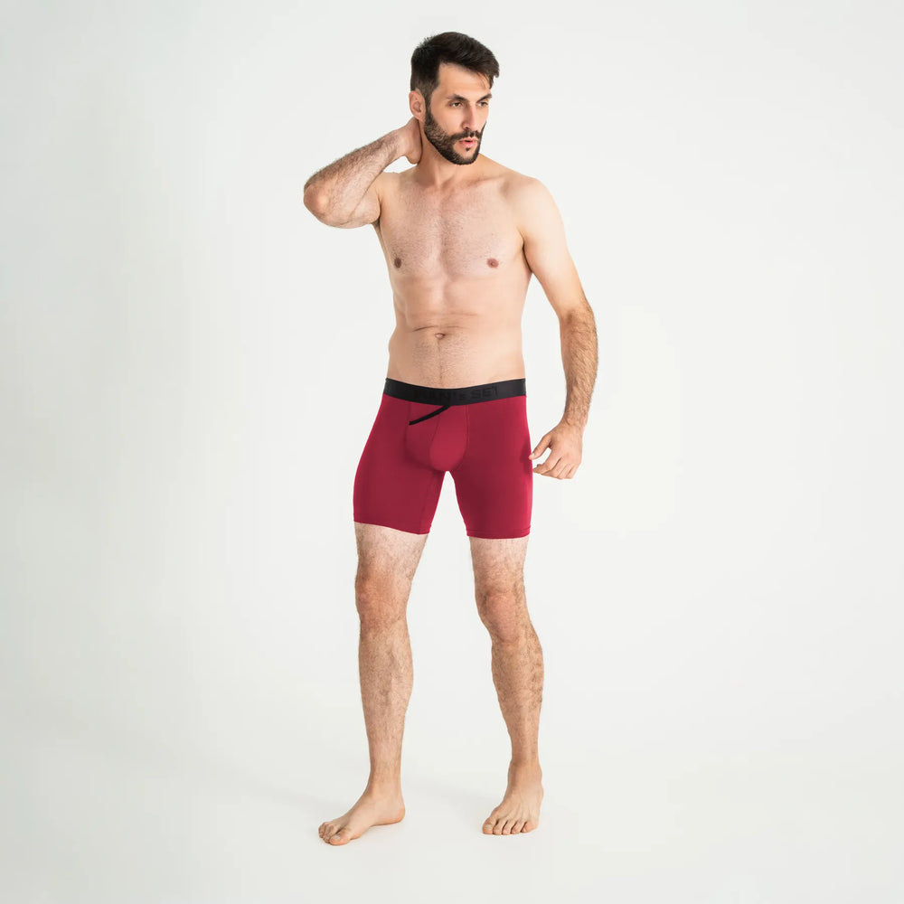 Comfortable burgundy anatomical men’s boxer briefs by Man’s SET, 7.6" UltraSoft cotton with skew fly, full front view