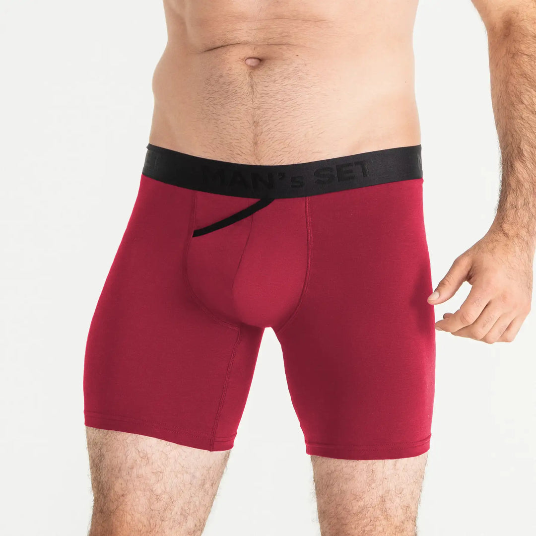 Man’s SET UltraSoft 7.6" burgundy boxer brief with skew fly, anatomical men’s underwear, front view