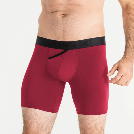 Man’s SET UltraSoft 7.6" burgundy boxer brief with skew fly, anatomical men’s underwear, front view