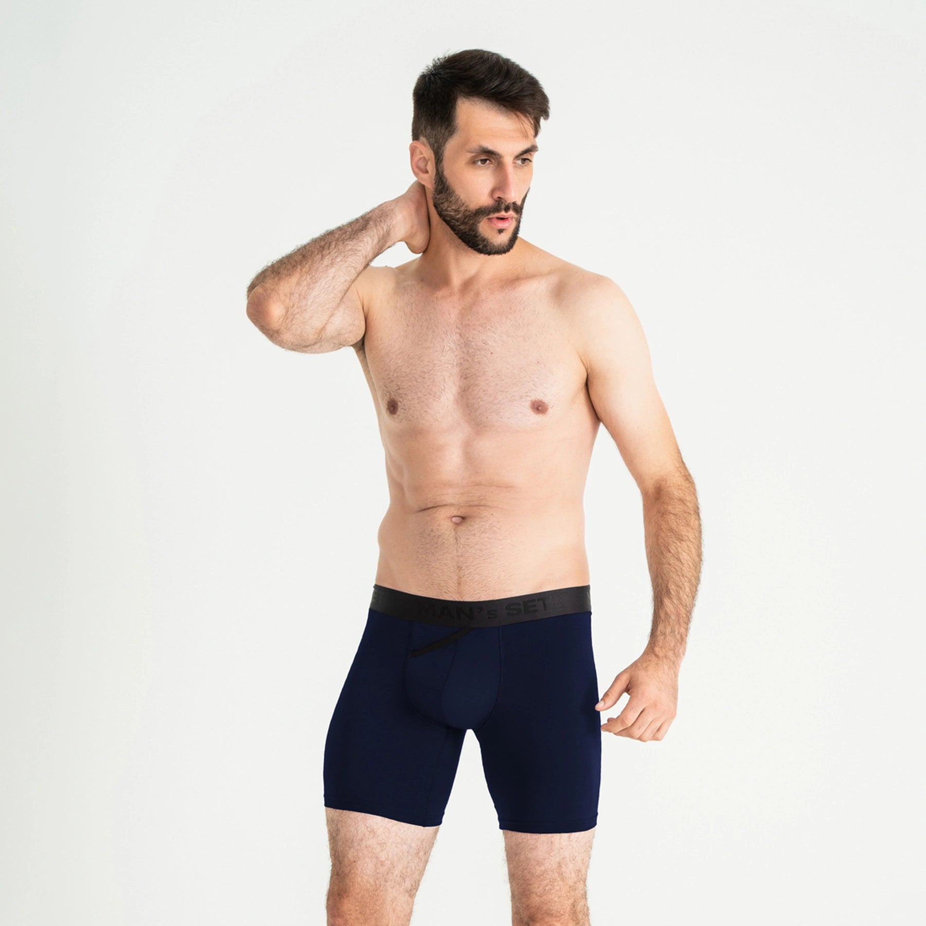 Man’s SET navy UltraSoft boxer briefs with open fly, breathable men’s underwear, front view