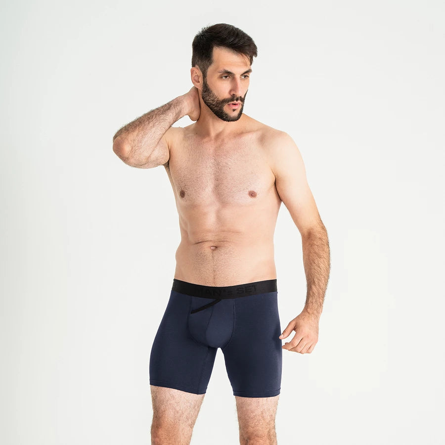 Men’s Boxer Briefs UltraSoft with skew fly pouch in Navy On Model