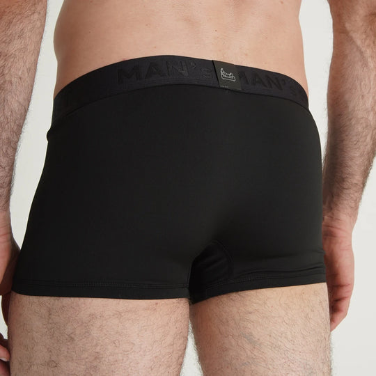 Black ProActive men’s trunks by Man’s SET, moisture-wicking performance underwear, back view