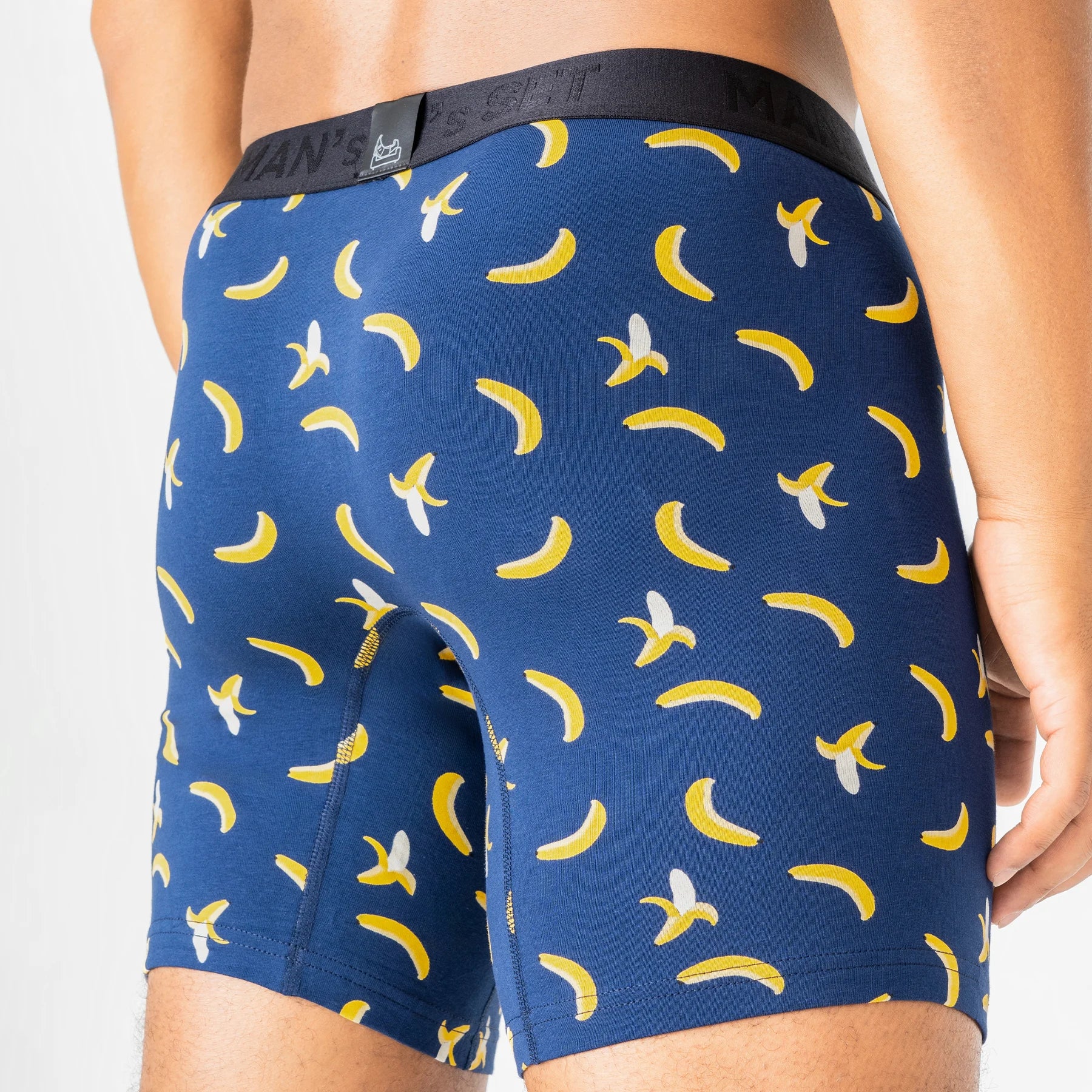 Comfortable men’s underwear by Man’s SET, navy boxer briefs with banana print, back view