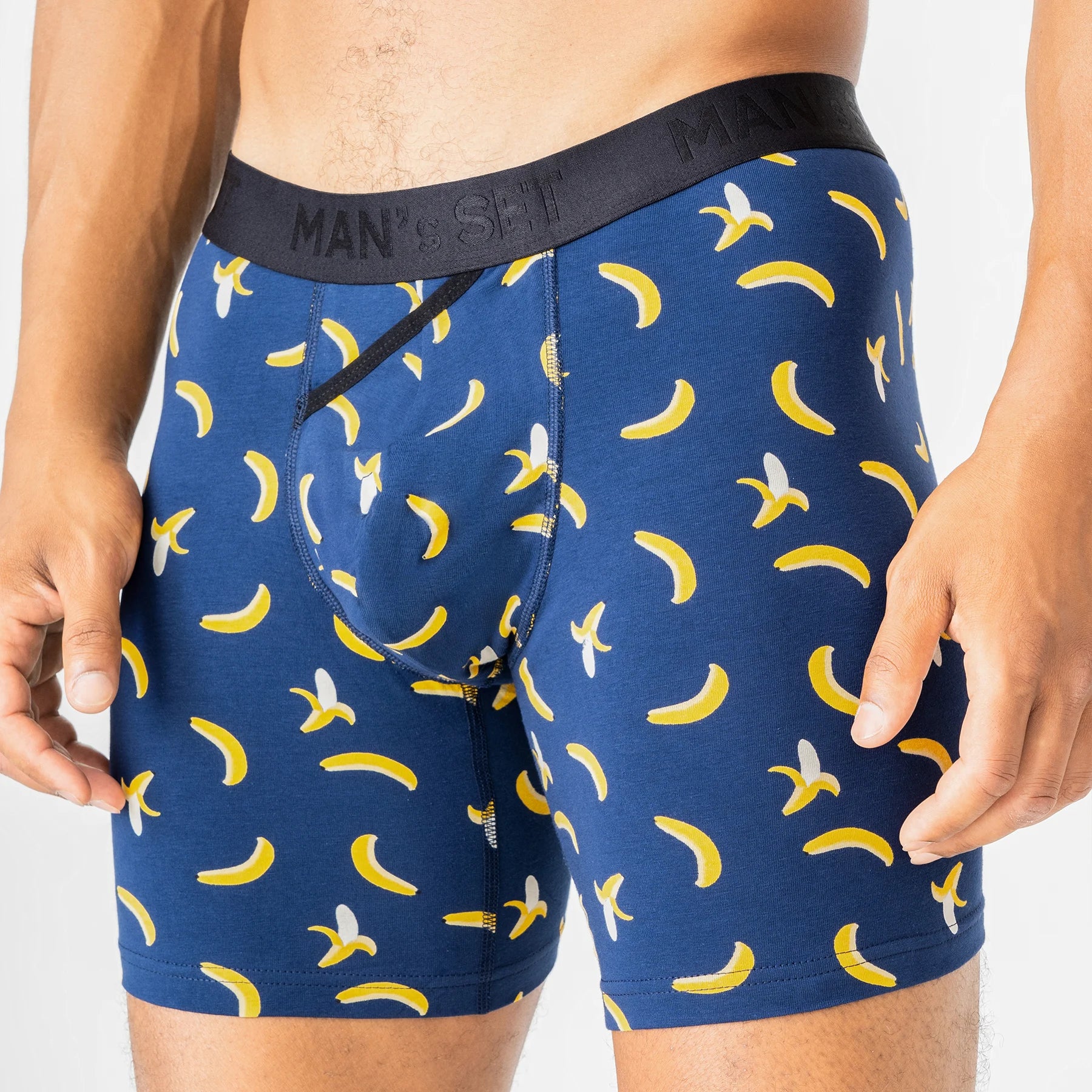 Man’s SET navy banana print boxer briefs, breathable men’s underwear with open fly, close-up front view