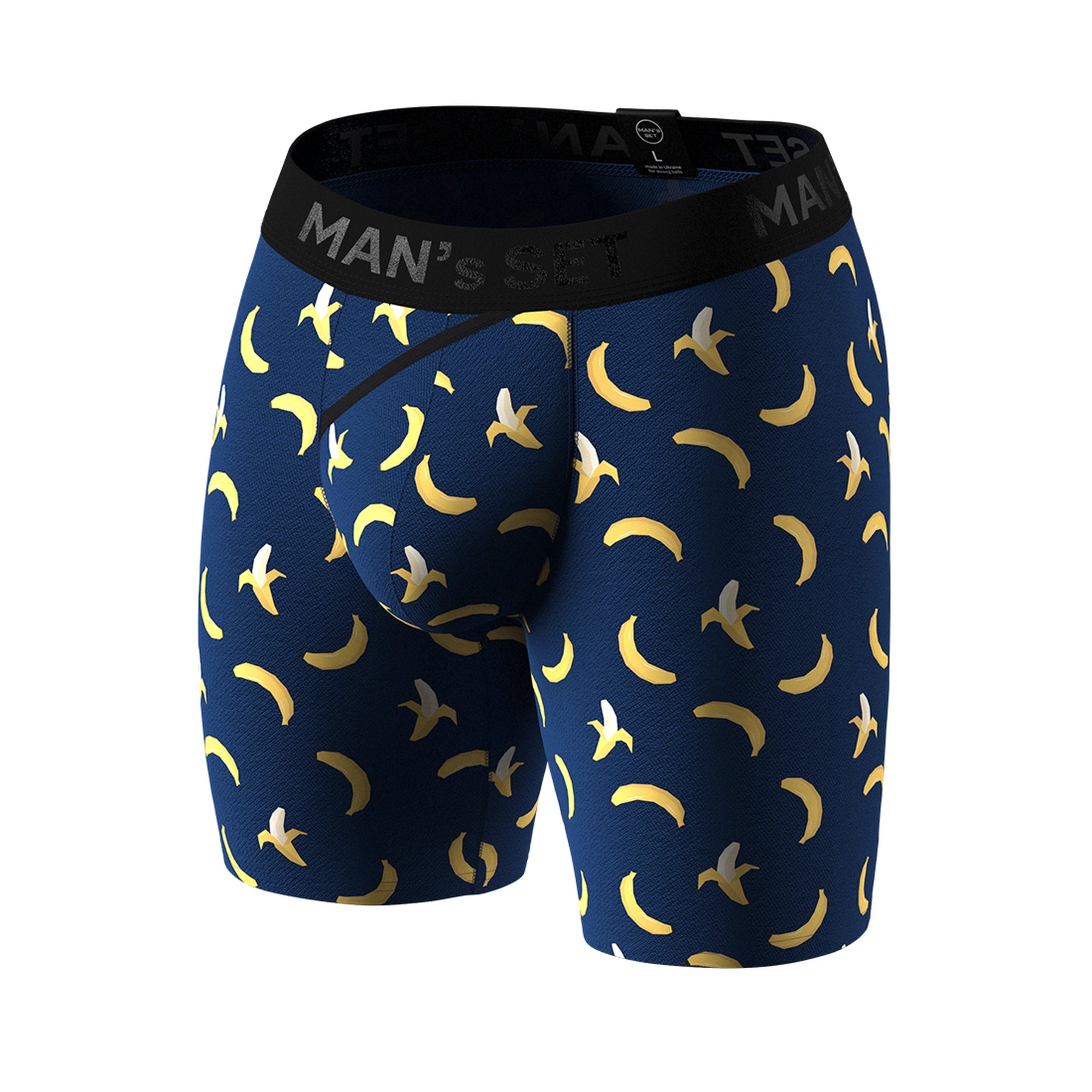 Man’s SET navy UltraSoft boxer briefs with banana print, anatomical men’s underwear, front angle view