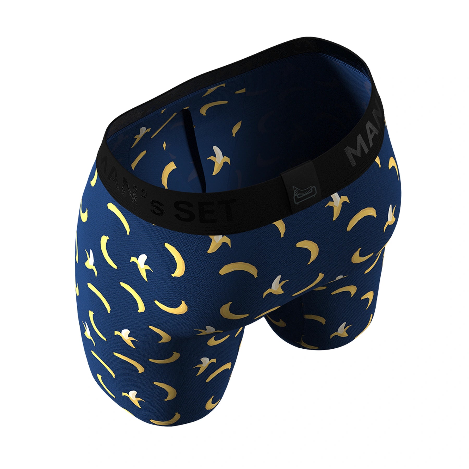 Man’s SET navy boxer briefs with banana print, UltraSoft men’s underwear, angled back view