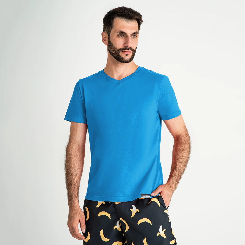 Aqua V-neck cotton tee by Man’s SET, ultra-soft breathable fabric, stylish daily wear, front view