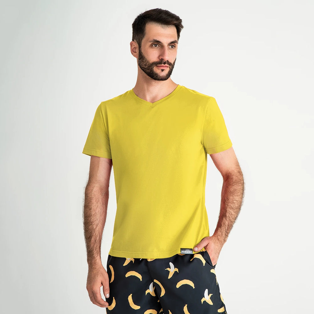 Bright yellow V-neck tee by Man’s SET, lightweight breathable cotton for everyday comfort, front view