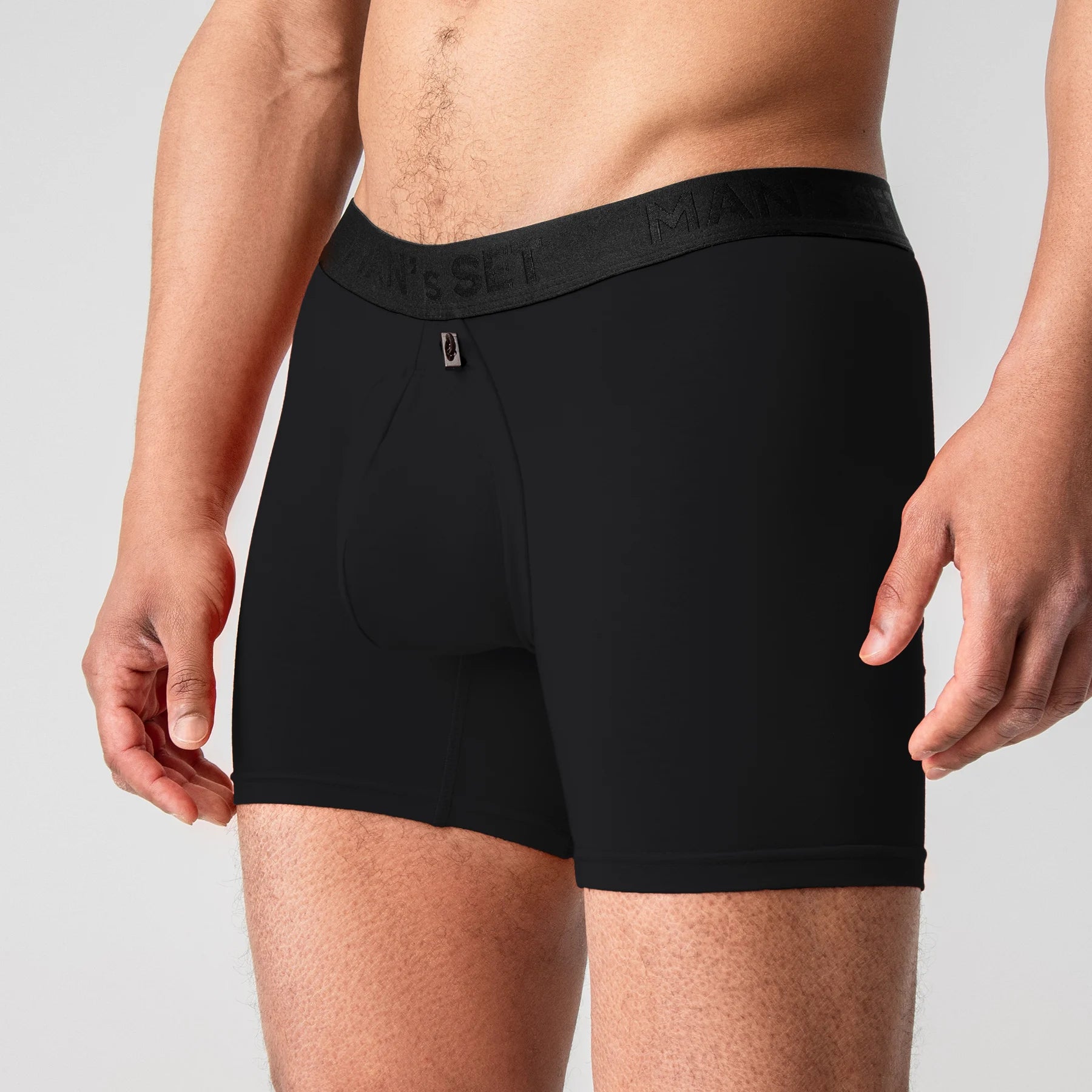 Man’s SET ProActive black boxer briefs with adjustable pouch, anatomical men’s underwear, close-up front view