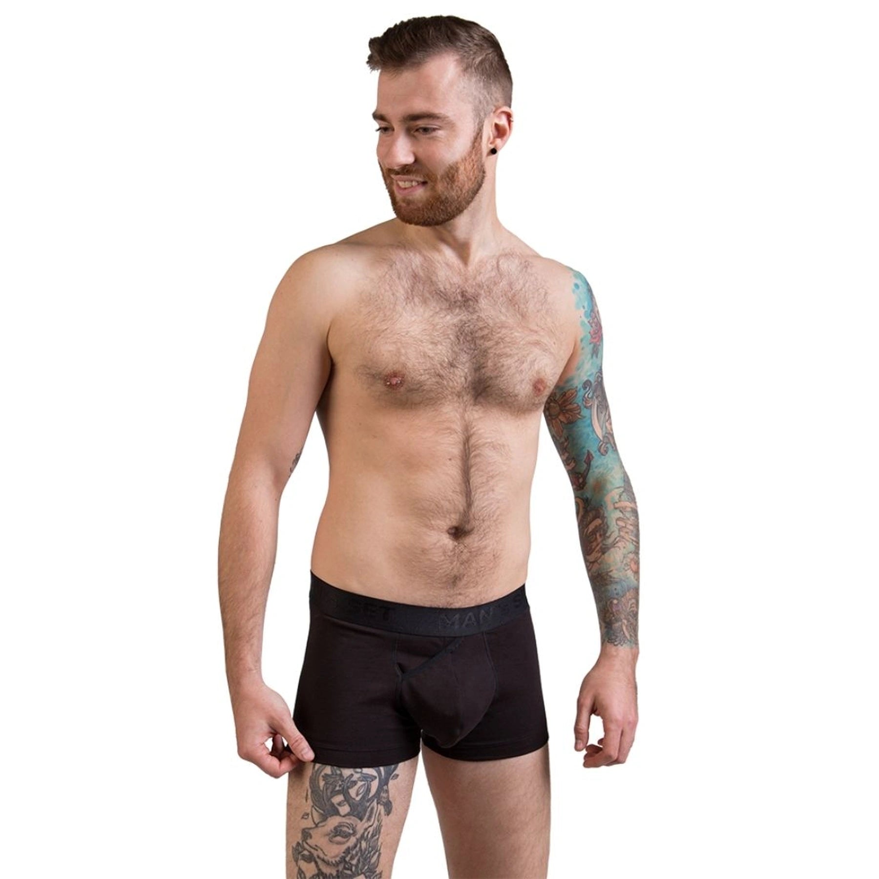 Comfortable men’s underwear by Man’s SET, black FlexFit Trunk with 3.2 inch OpenFly, front view