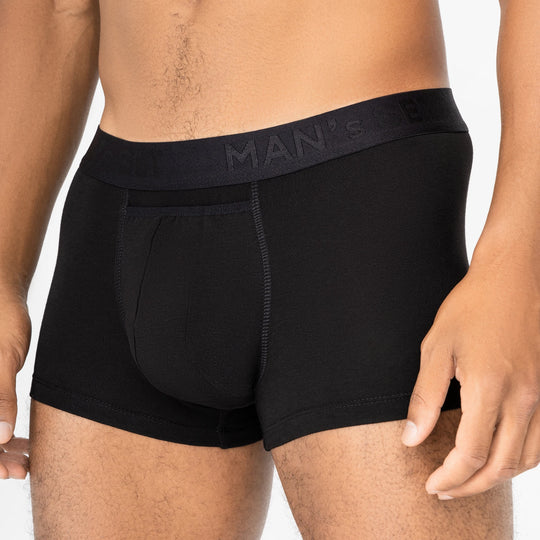 Man’s SET breathable black men’s underwear, Micromodal anatomical trunks with open fly, close-up front view