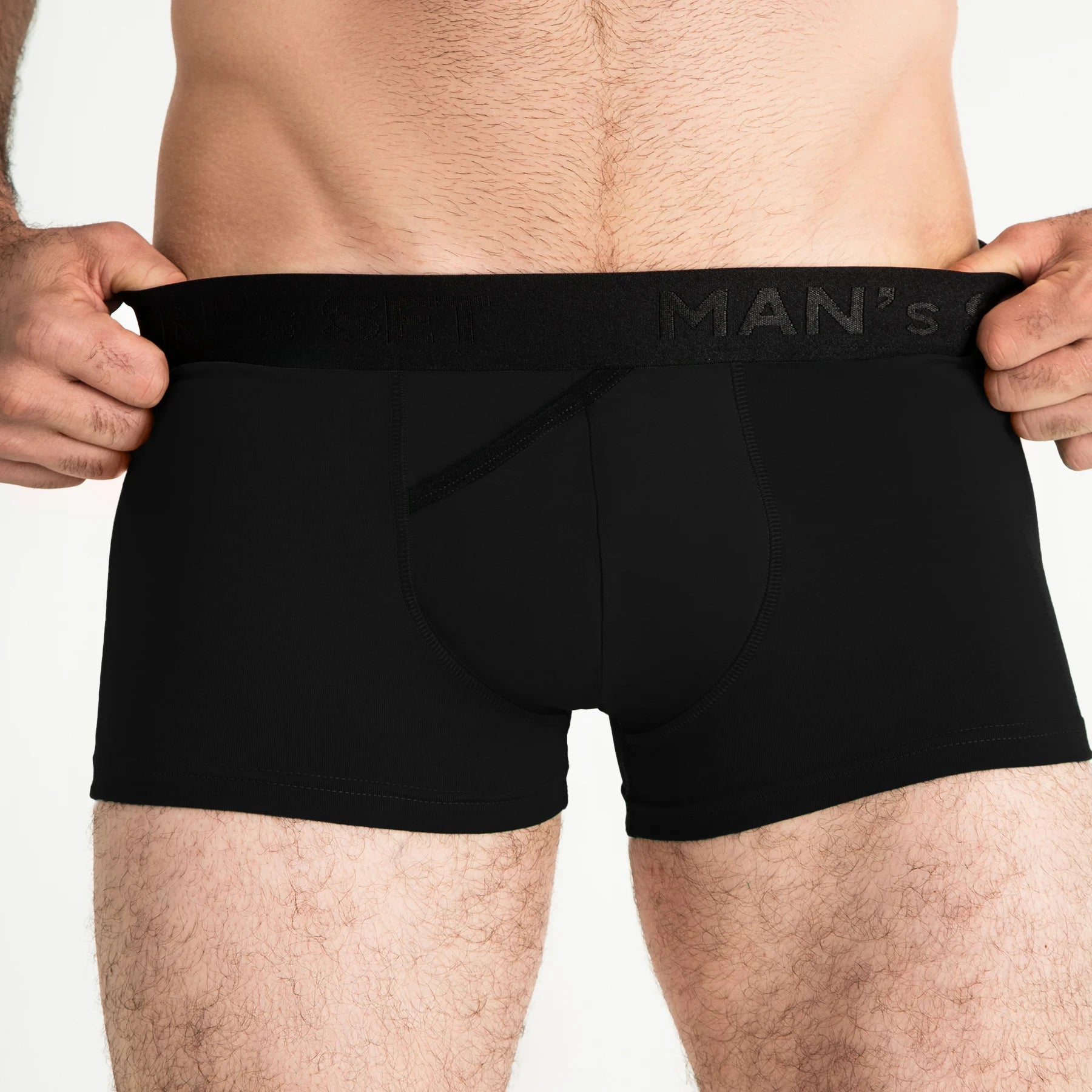 Anatomical men’s underwear in black by Man’s SET, FlexFit Trunk with 3.2" OpenFly, front view