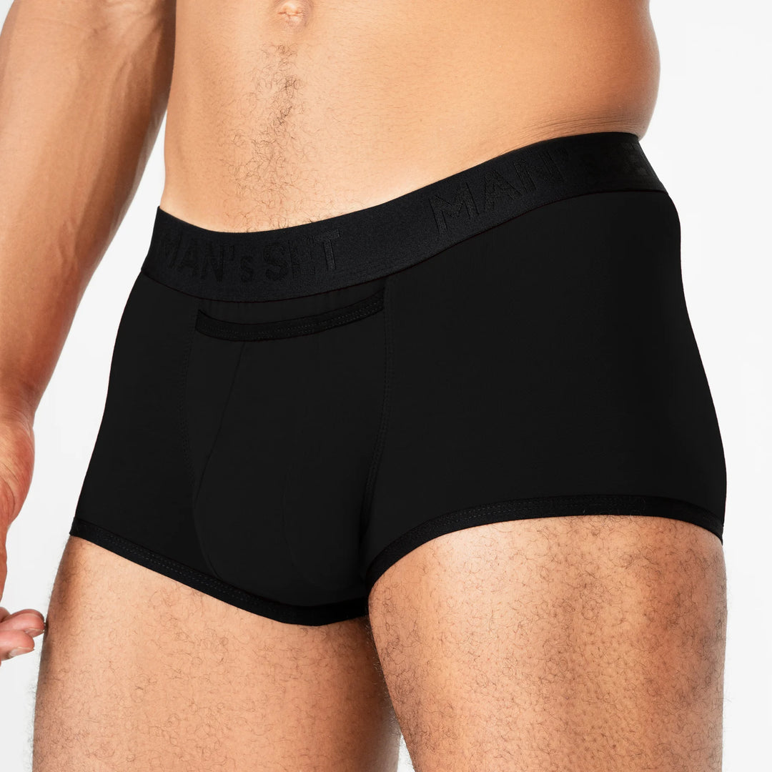 Man’s SET black ProActive Stretch Trunk with 3.2" OpenFly, anatomical men’s underwear with contoured pouch, front angle view