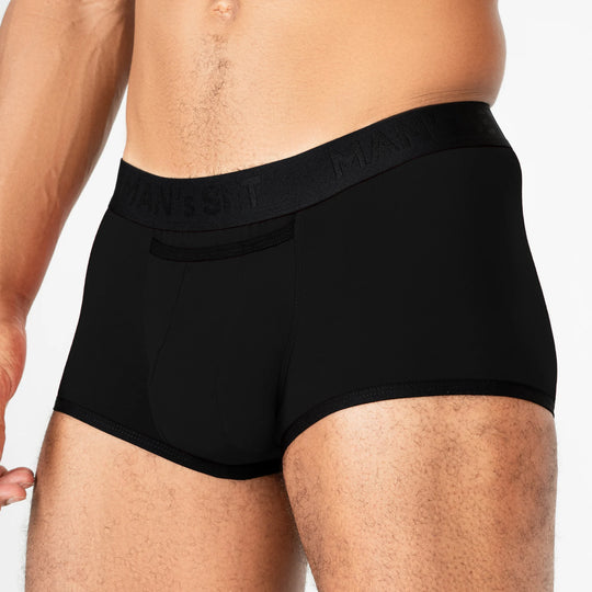 Man’s SET black ProActive Stretch Trunk with 3.2" OpenFly, anatomical men’s underwear with contoured pouch, front angle view