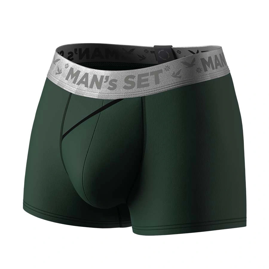 Men’s FlexFit Trunk Open Fly in Forest Green with Silver Series waistband, front angle view