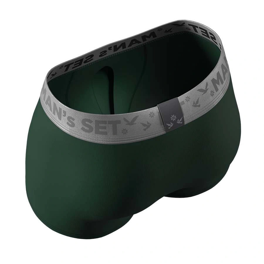 Men’s FlexFit Trunk Open Fly in Forest Green with Silver Series waistband, interior top view