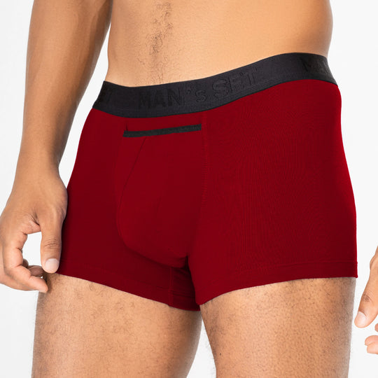 Comfortable men’s underwear by Man’s SET, burgundy micromodal trunks with black waistband and fly, front view