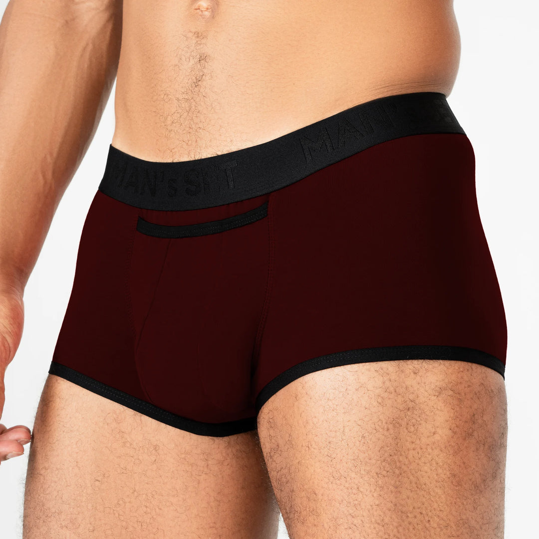 Man’s SET burgundy ProActive Stretch Trunk with 3.2" OpenFly, anatomical men’s underwear, side-front view
