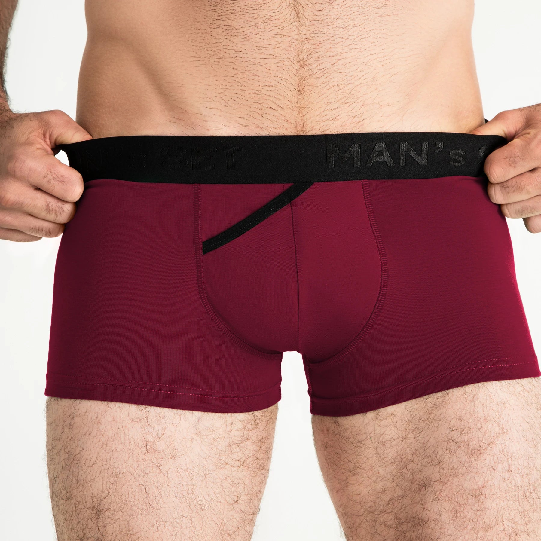 Man’s SET anatomical men’s underwear in burgundy, 3.2" FlexFit trunks with open fly, close-up front view