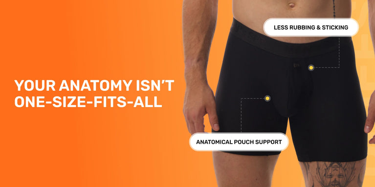 Black boxer briefs with anatomical pouch support on a bright orange background