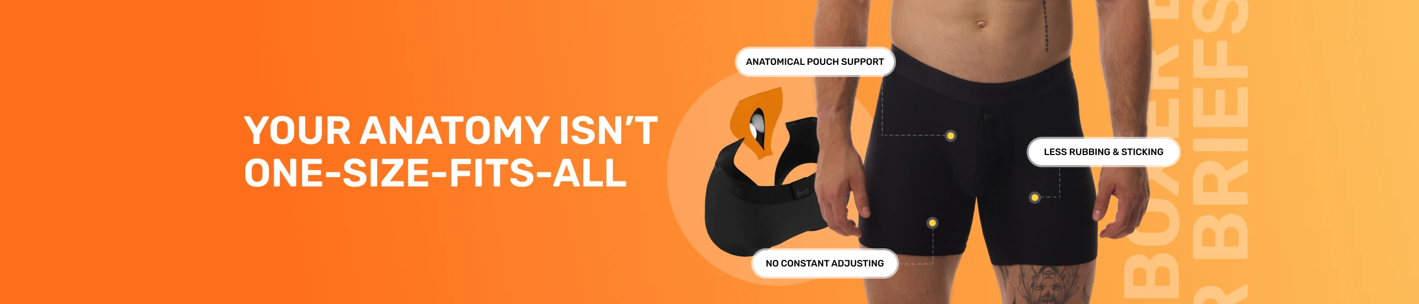 Advertisement for men's underwear with a focus on fit and comfort, featuring an orange background and illustrations of body parts.