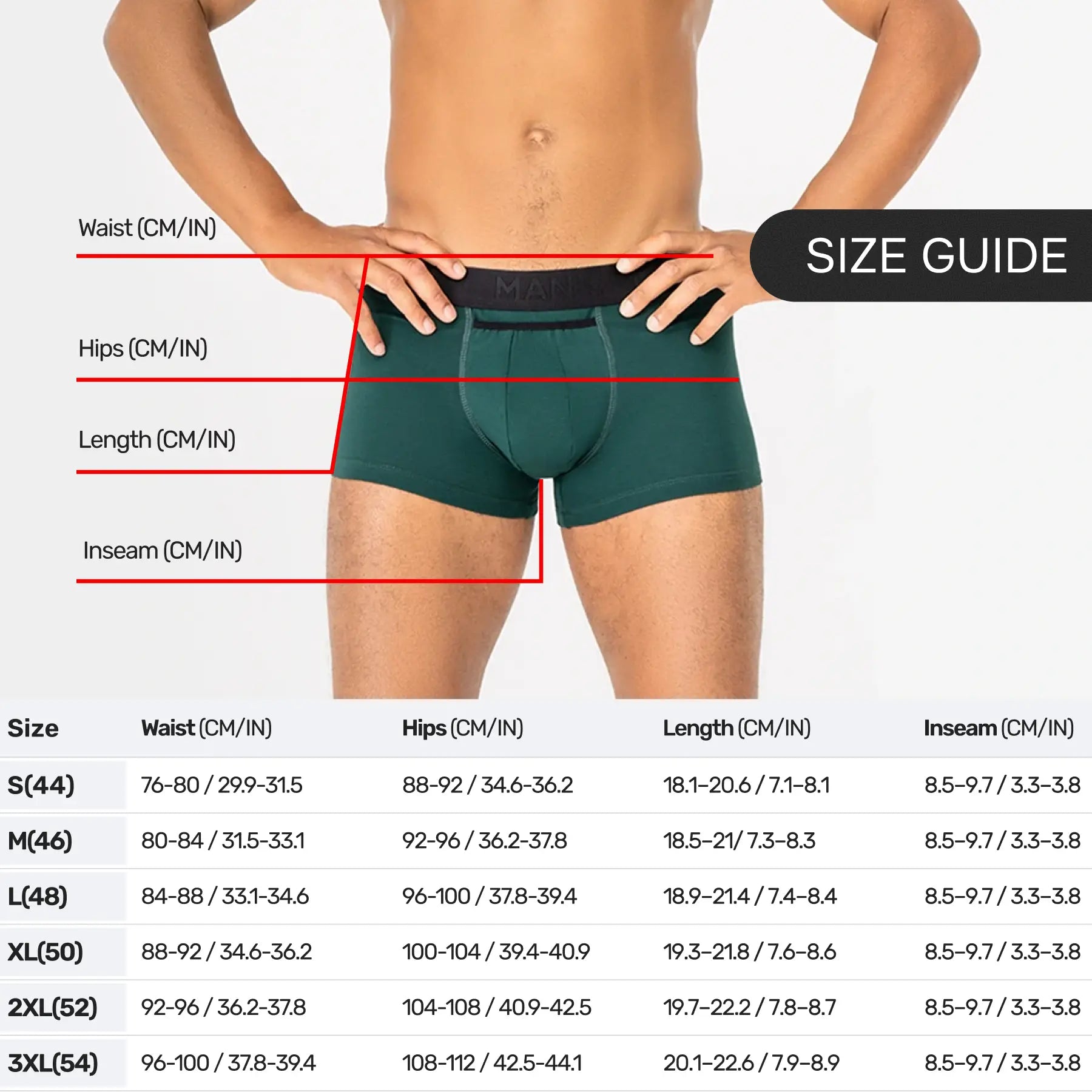 Men’s BreezeFlow Trunk with micromodal fabric in Forest Green Size Guide