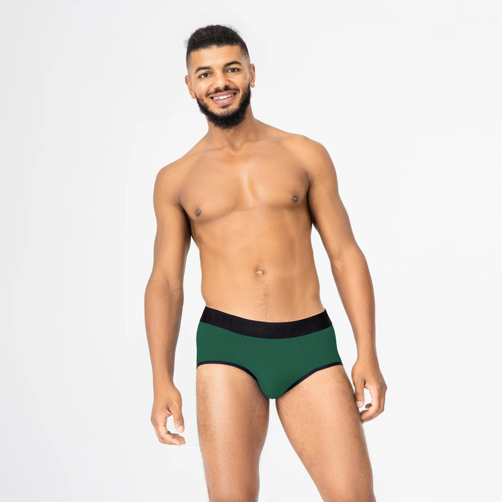 Man’s SET forest green CoolCore micromodal briefs, breathable men’s underwear with contoured fit, full-body front view