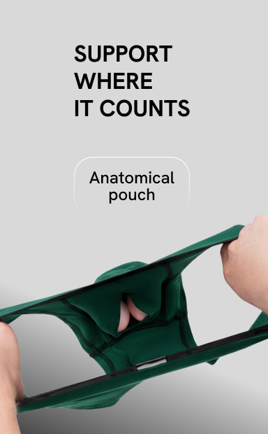 Boxer briefs category mobile banner with anatomical pouch interior view and text “Support Where It Counts”