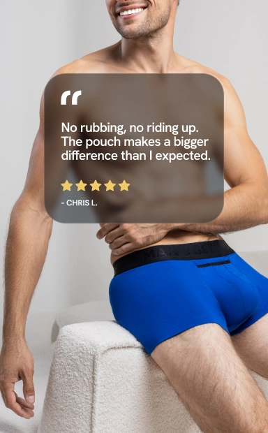 Trunks category mobile banner with customer review overlay and male model wearing blue trunks