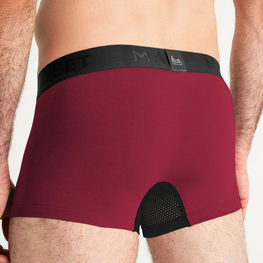 Man’s SET burgundy AirFlow Trunk 3.6" OpenFly, breathable men’s underwear with mesh gusset, back view