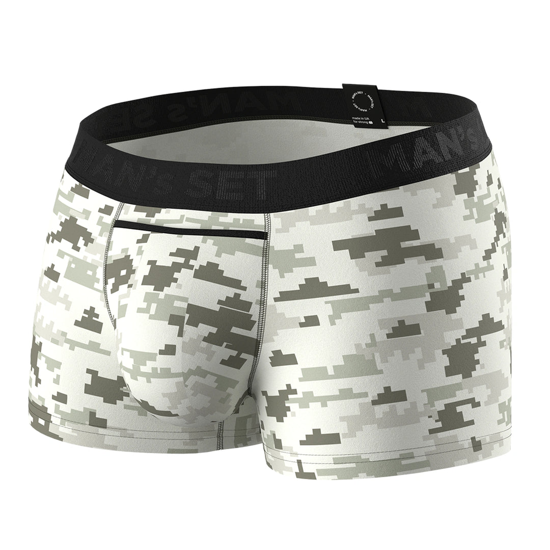 UltraSoft anatomical trunks by Man’s SET in Pixel Camo, breathable cotton men’s underwear, front view