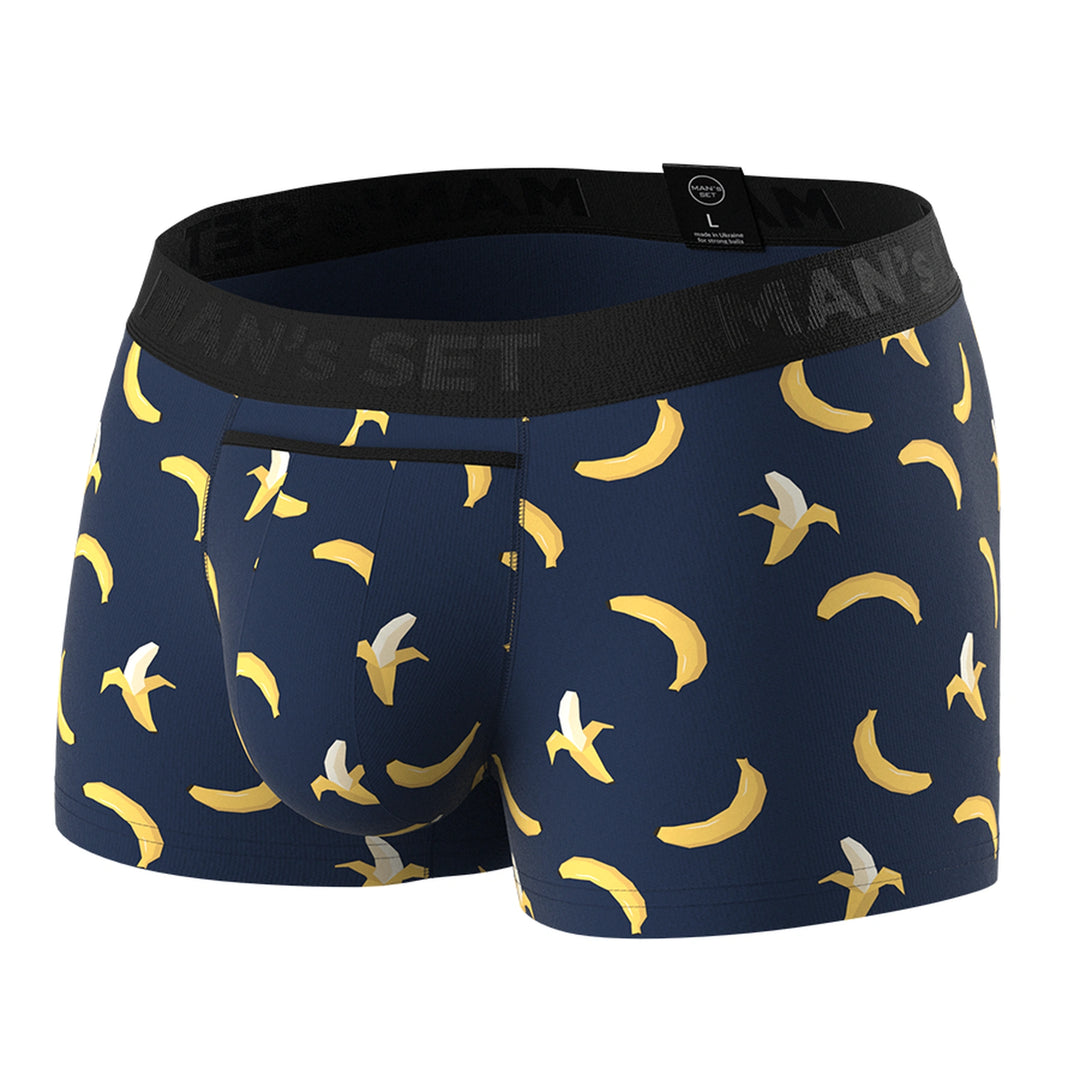 UltraSoft anatomical men’s trunks by Man’s SET, Navy Banana print, breathable stretch cotton, ergonomic pouch, front view