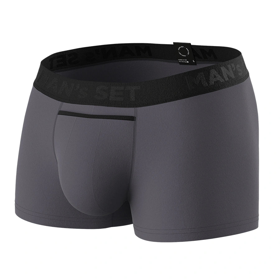 Man’s SET UltraSoft Trunk 3.6" OpenFly graphite men’s underwear with pouch support, angled back view