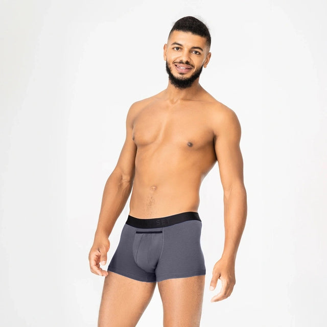Man’s SET UltraSoft Trunk 3.6" OpenFly graphite comfortable men’s underwear with black waistband, standing front view