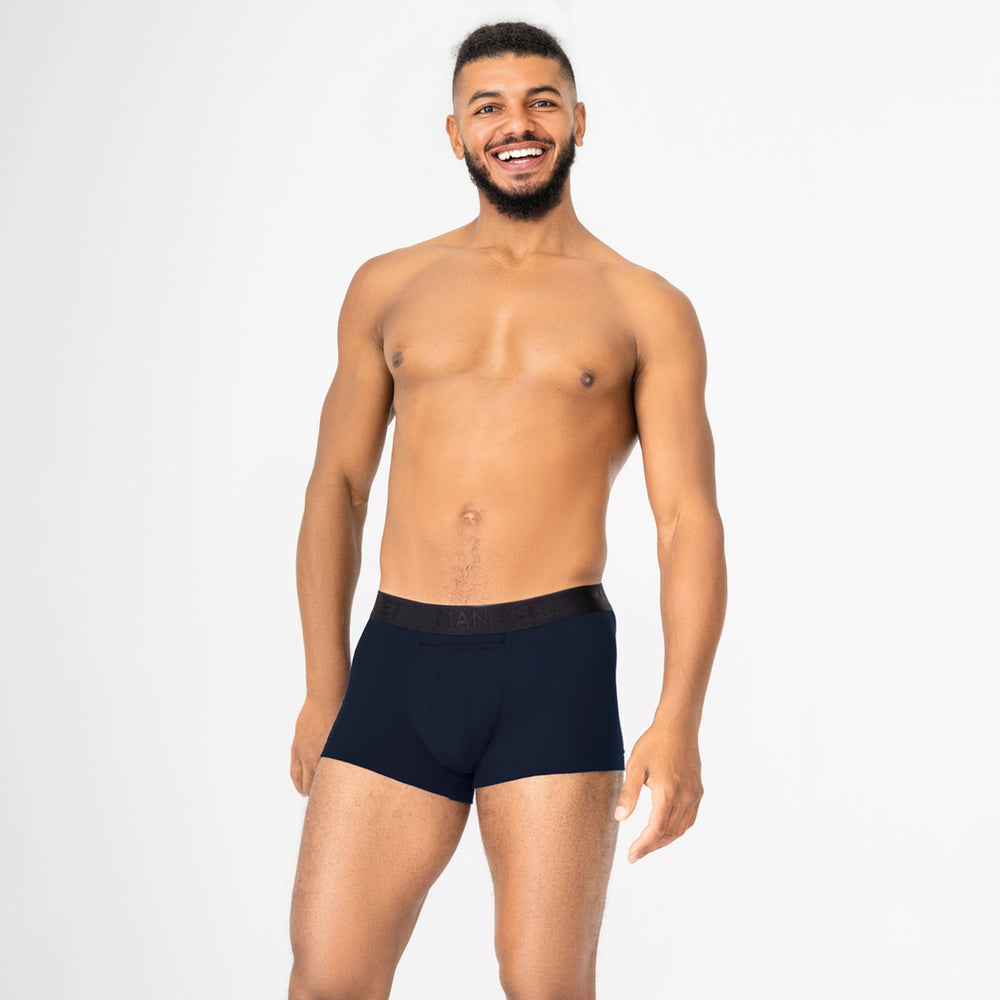 Man’s SET navy anatomical trunks, breathable cotton men’s underwear with black waistband, front view