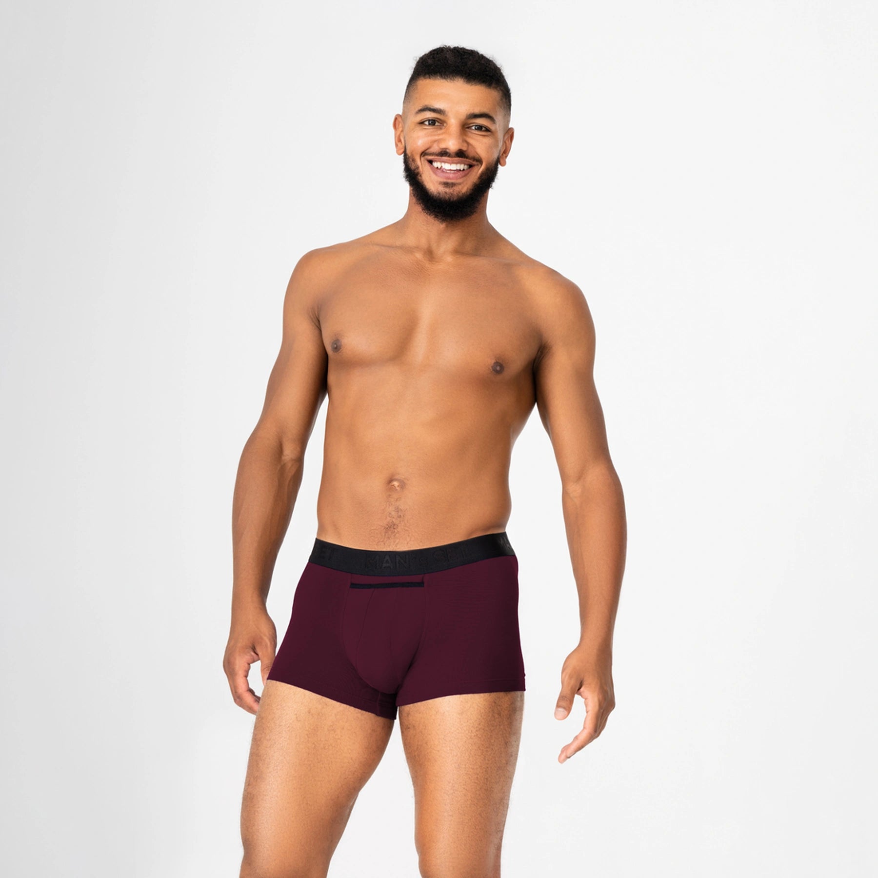 UltraSoft anatomical men’s trunks by Man’s SET, plum cotton blend, breathable fit with horizontal fly support, front view
