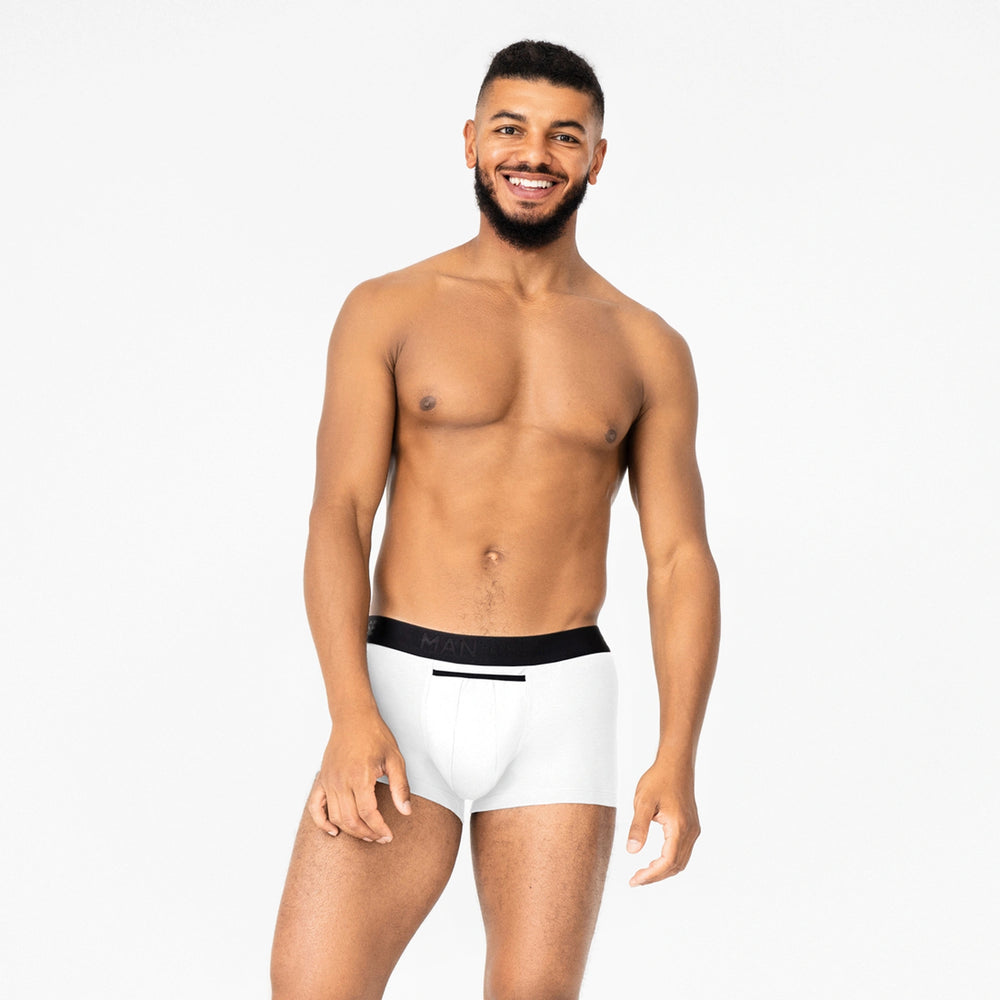 UltraSoft anatomical trunks in white cotton by Man’s SET, breathable comfortable men’s underwear with fly, front view