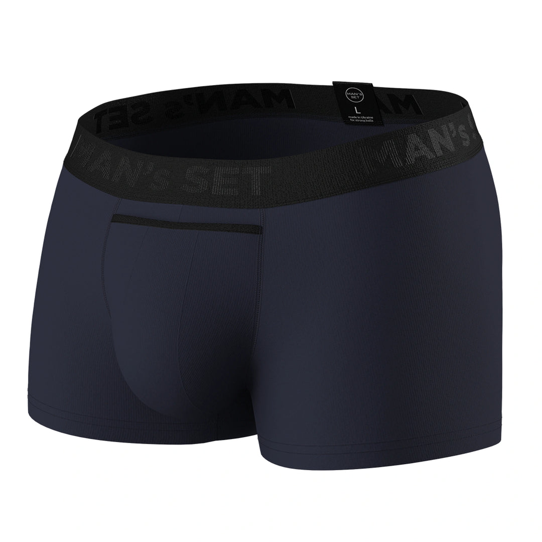 Man’s SET navy cotton men’s trunks, anatomical breathable underwear with black waistband, front view