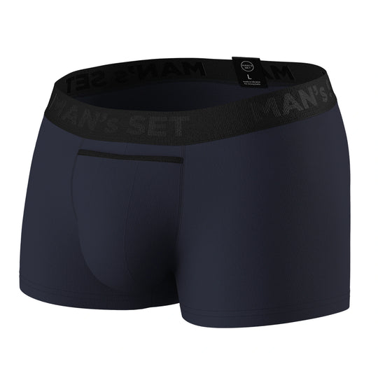 Man’s SET navy cotton men’s trunks, anatomical breathable underwear with black waistband, front view