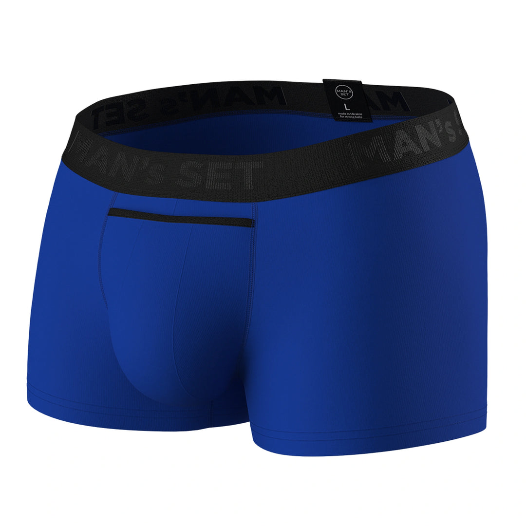 Electric blue comfortable men’s underwear with anatomical ball pouch by Man’s SET, breathable cotton, front view