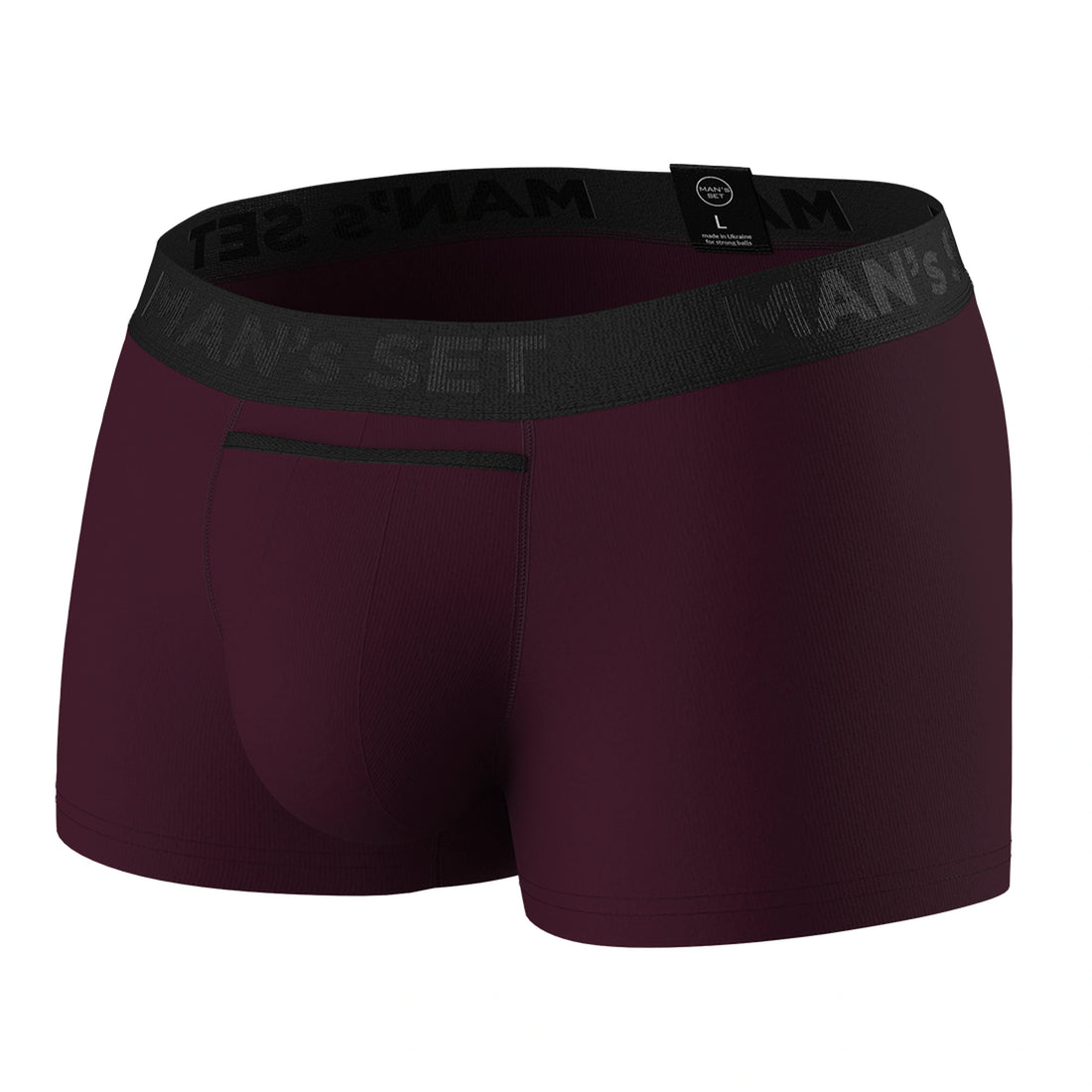 UltraSoft anatomical men’s trunks by Man’s SET, plum color, breathable cotton blend, horizontal fly design, side-front view