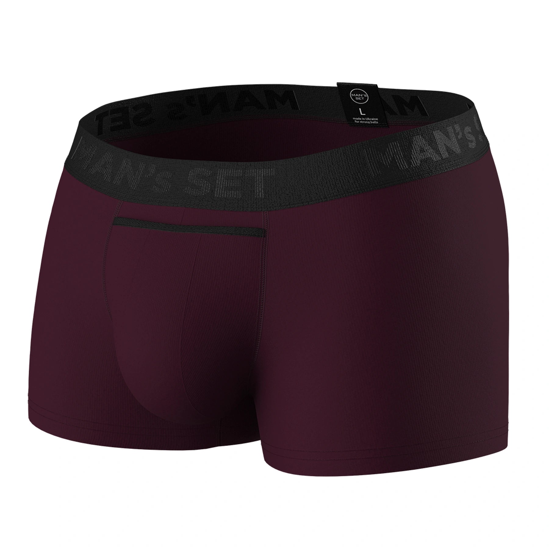 UltraSoft anatomical men’s trunks by Man’s SET, plum color, breathable cotton blend, horizontal fly design, side-front view