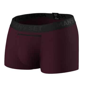 UltraSoft anatomical men’s trunks by Man’s SET, plum color, breathable cotton blend, horizontal fly design, side-front view